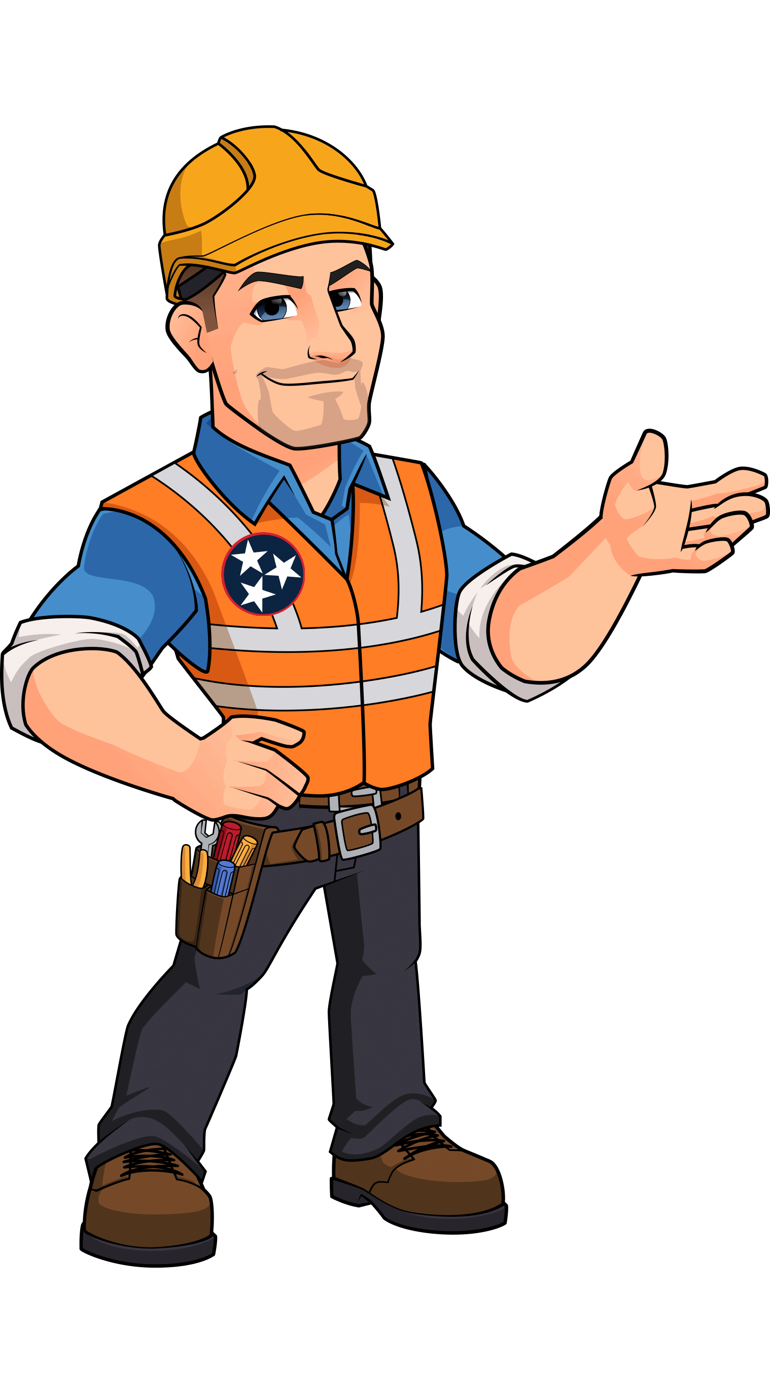 Cartoon construction worker wearing a hard hat, safety vest, and tool belt, gesturing with one hand.