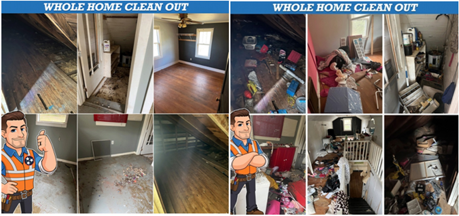Before and after home cleanout: cluttered to clean with cartoon handyman thumbs-up.