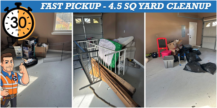 Before/after garage cleanup: cluttered vs organized with 30-min timer graphic.