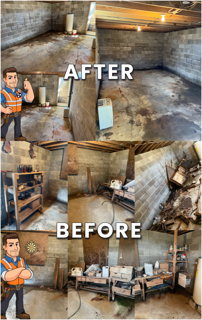 A transformed basement space shows a clean, organized area contrasted with cluttered, chaotic surroundings in the before image.