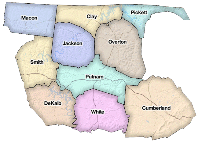 A map highlighting counties in Tennessee, including Macon, Clay, Pickett, Jackson, Overton, Smith, Putnam, DeKalb, White, and Cumberland.