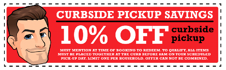 A red and white coupon offering 10% off curbside pickup, featuring bold text and a cartoon character illustration on the left.
