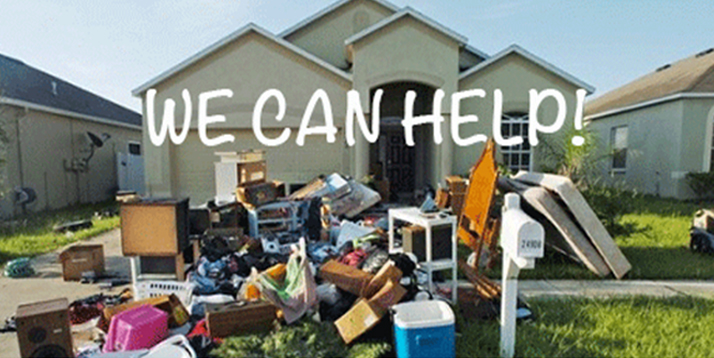 House with junk piled outside and 'WE CAN HELP!' text, suggesting a cleanup service