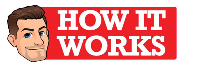 A cartoon character with a playful expression next to a bold, red rectangle that says "HOW IT WORKS" in large white letters.