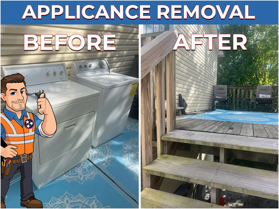 Before and after appliance removal: washer and dryer cleared from a deck, revealing stairs and seating area. Cartoon handyman on the left.