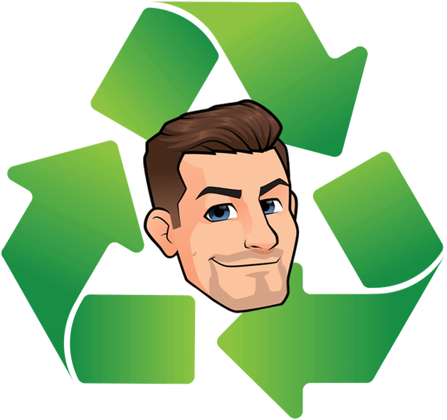 Cartoon handyman face centered within green recycling arrows.