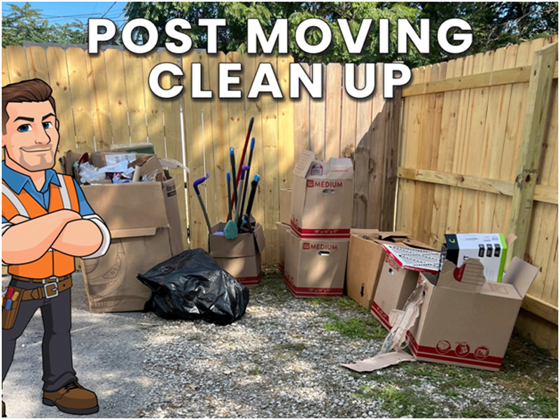 Post-moving clean-up scene with scattered boxes and trash bags, featuring a handyman character on the left.