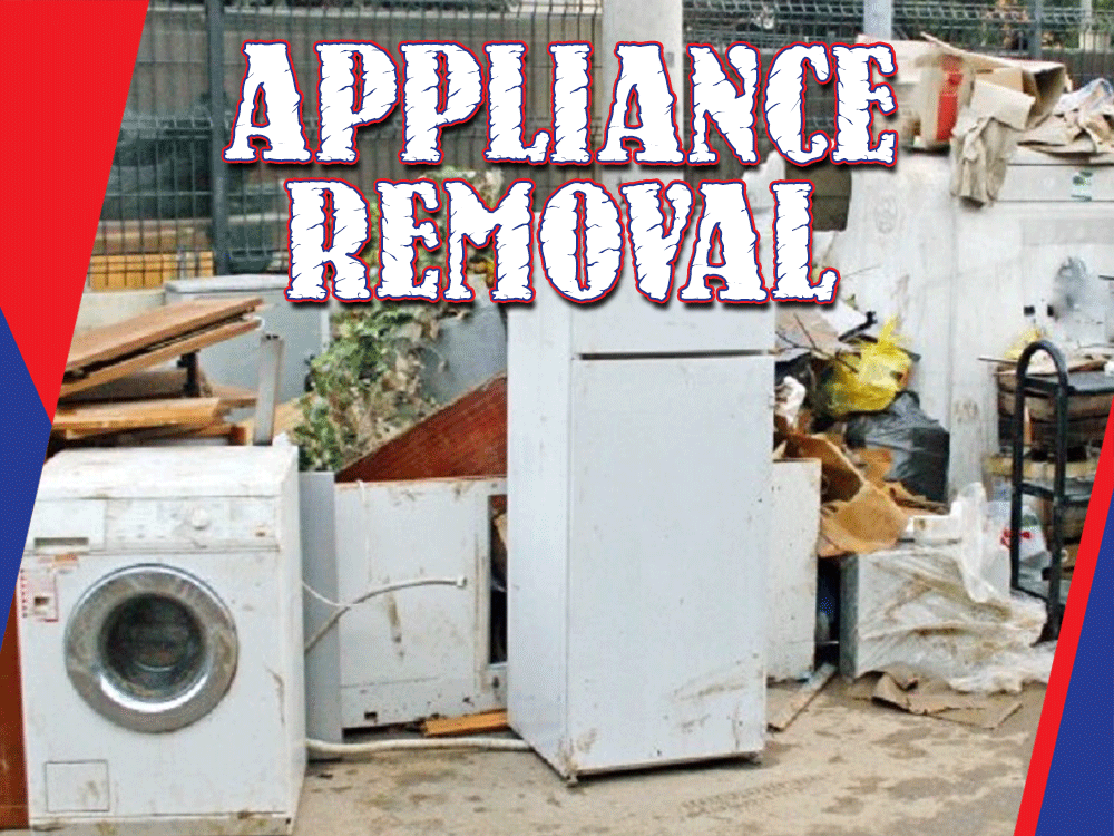 "Appliance Removal" text over an image showing old appliances and junk for disposal