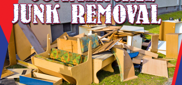 "Commercial Junk Removal" text over an image of discarded furniture and debris outside a building.