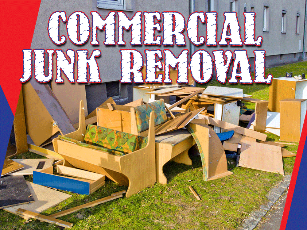 "Commercial Junk Removal" text over an image of discarded furniture and debris outside a building.