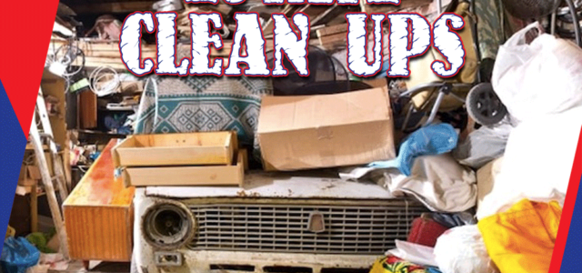 Estate cleanup with cluttered garage and old car surrounded by various items.