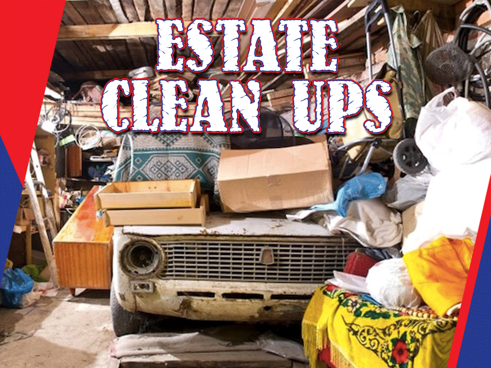 Estate cleanup with cluttered garage and old car surrounded by various items.