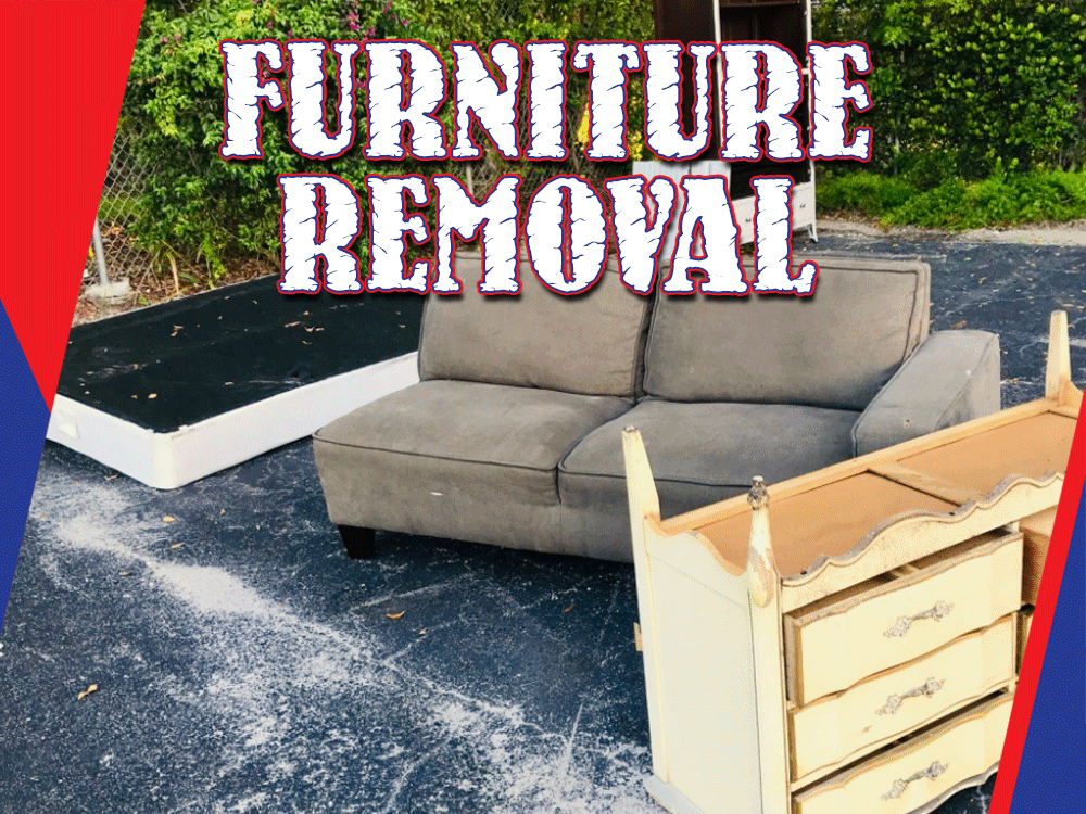 "Furniture Removal" text over an image of discarded furniture on a driveway with a hedge background.