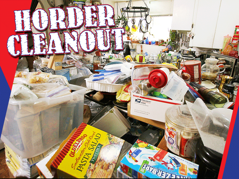 Cluttered kitchen scene with 'Horder Cleanout' text overlay.