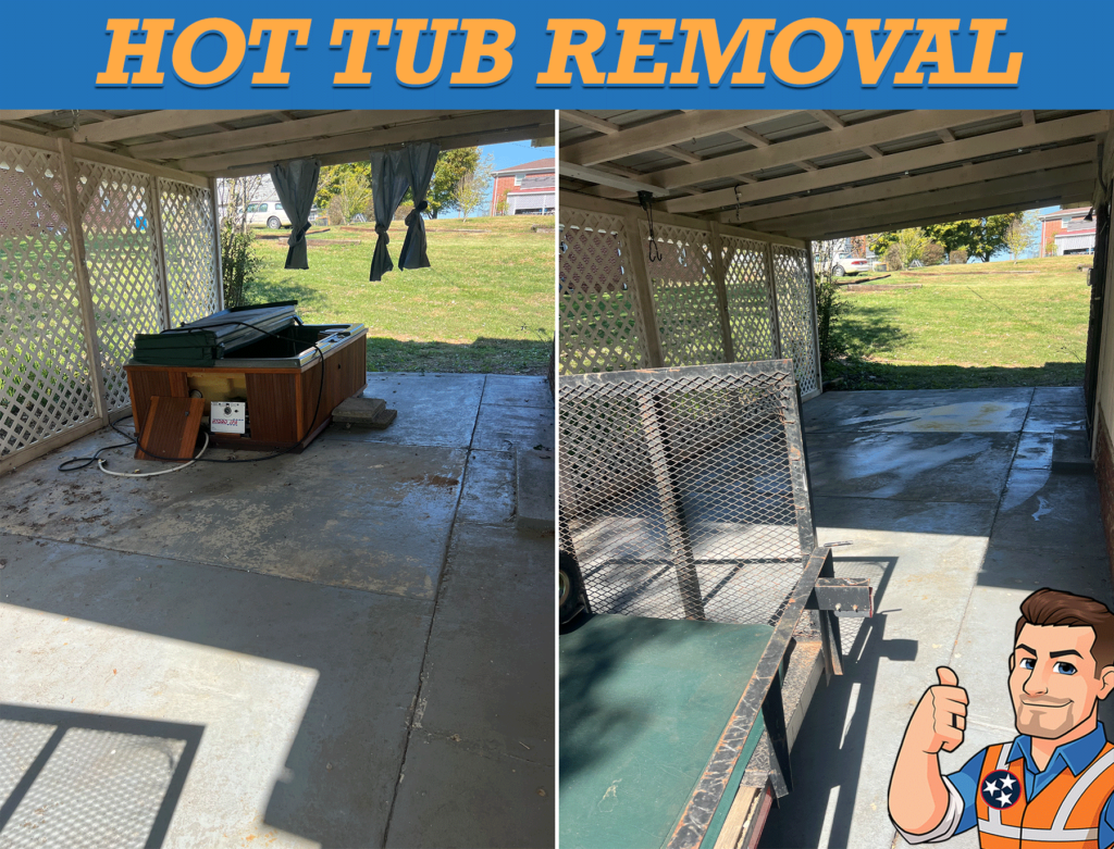 Before-and-after hot tub removal under a patio, with a cartoon worker giving a thumbs-up.